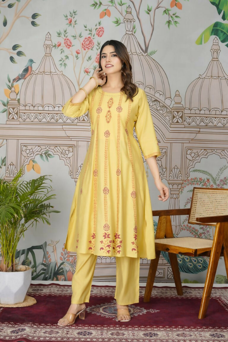 Ethnic Festive Wear Viscose Roman Silk Yellow Stitched Pant Pair - Rashmika