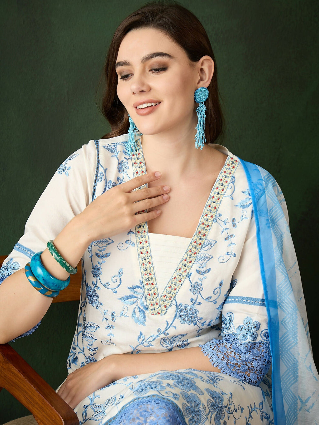 Blue & White Roman Silk Embroidered Kurta With Trouser & Dupatta - Bhumi