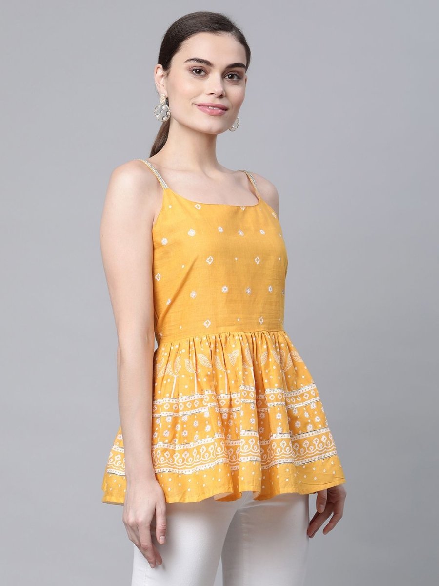 Ahalyaa Women Mustard Pure Cotton Porcian Print Shoulder Straps Tunic