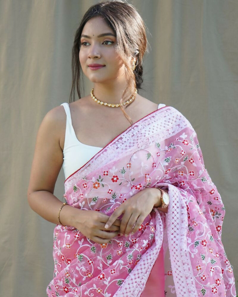 Vamsee Sombi Box Pink Organza Saree