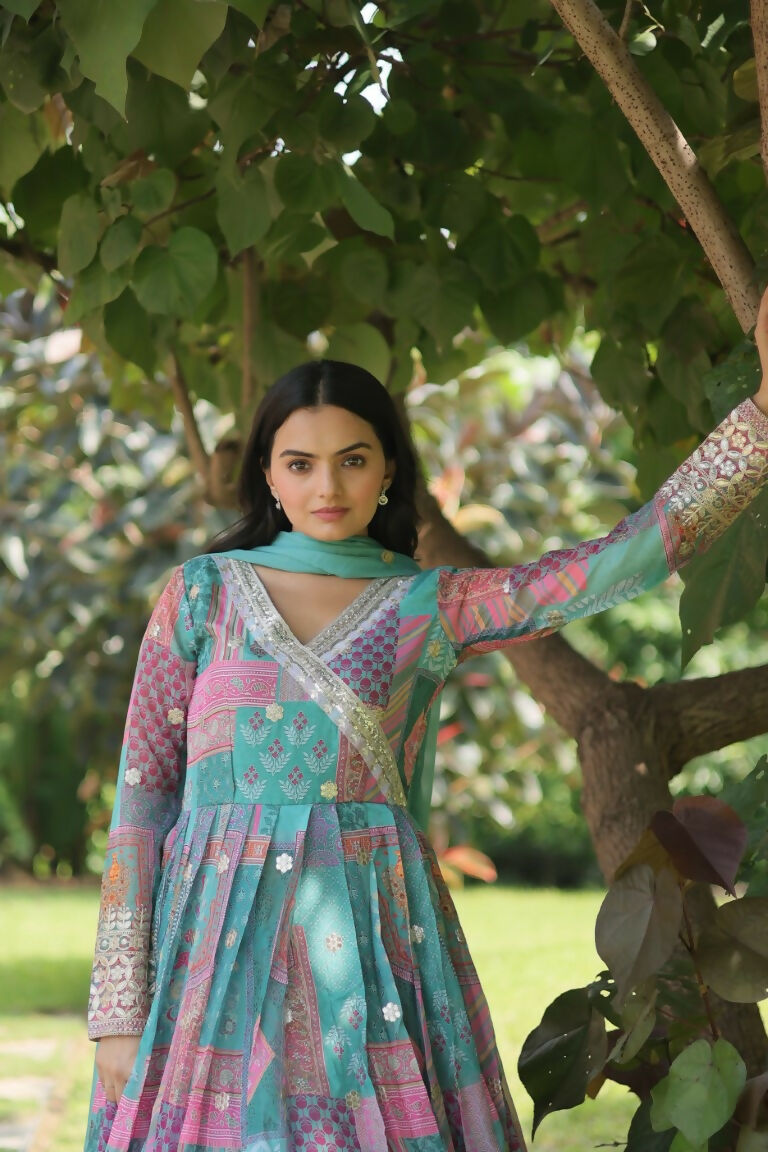 Jyoti Fashion Women's Sky Blue Russian Silk Digital Print with Embroidered Anarkali Dress with Dupatta