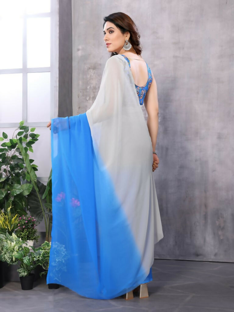 Partywear Designer White & Sky blue Georgette Fancy Saree - Satrangi
