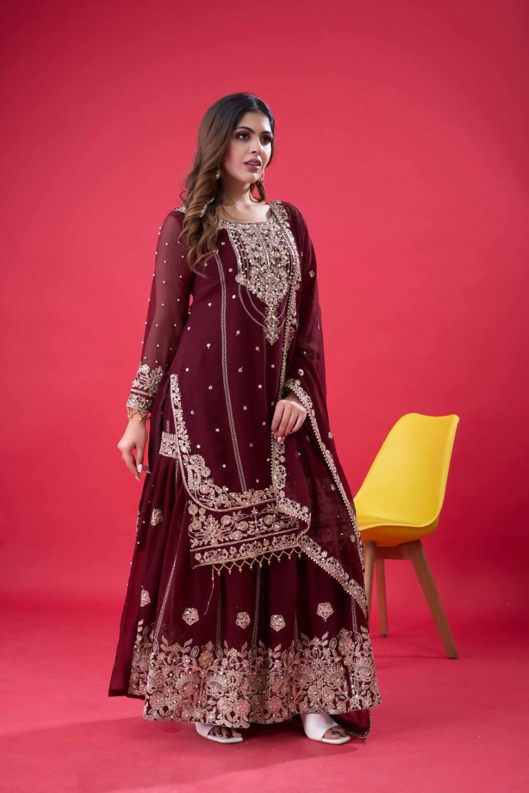 Teeya Creation Maroon Color Faux georgette Embroidery Work Sharara Set
