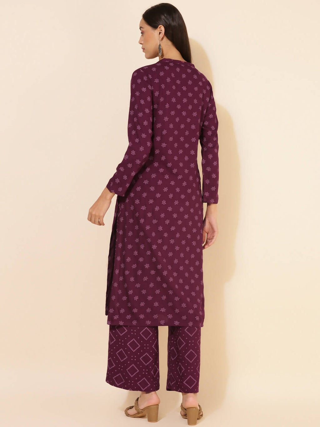 Janasya Women's Wine Rayon Floral Printed Casual Straight Co-ords