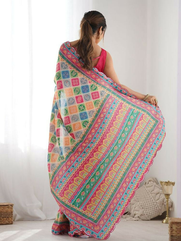 PR Fashion Multi Georgette Digital Print With Mirror Work Saree