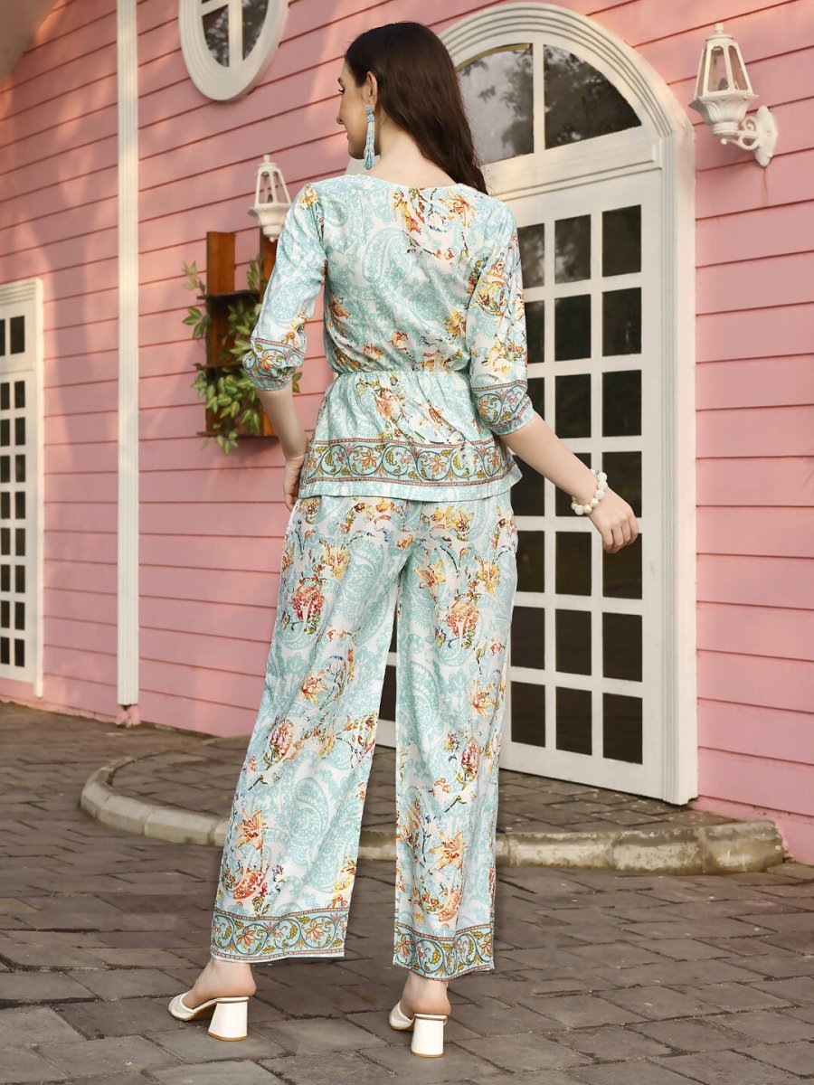 Aqua Blue Rayon Paisley & Floral Printed Top with Matching Bottom - Eesha