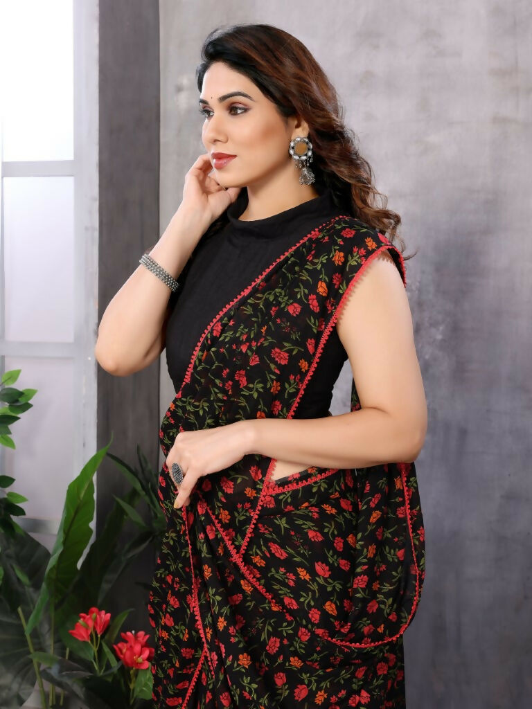 Partywear Designer Black & Red Georgette Fancy Saree - Satrangi