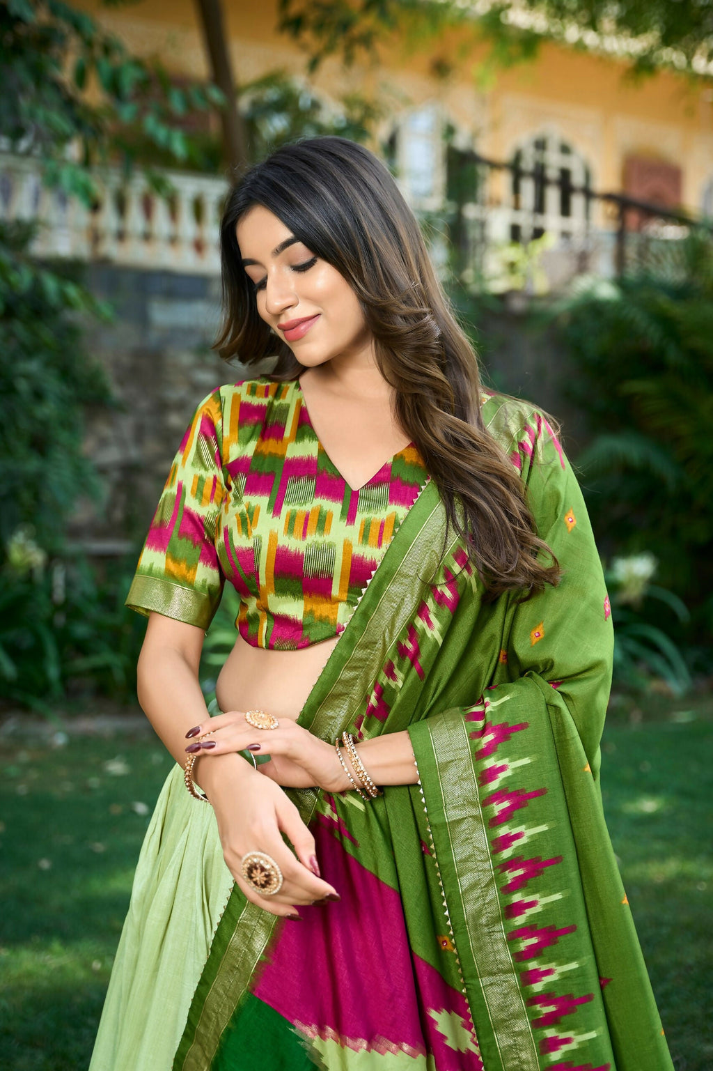 Vastranavya Luxurious Tussar Silk Print With Foil Work Lehenga Choli - Pista