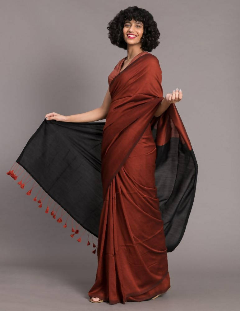 Suta Rust Brown Black Cotton Blend Colourblocked Saree