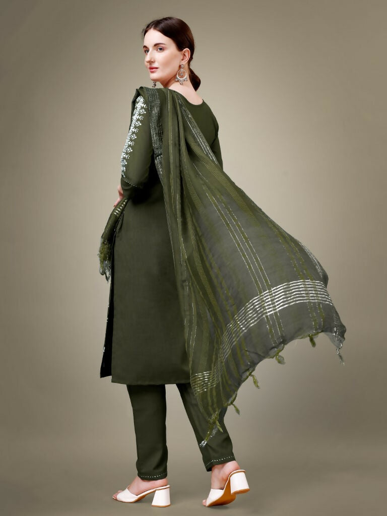 Jyoti Fashion Women's Dark Green Cotton Blend Embroidery & Sequence work Kurta with Trouser & Dupatta