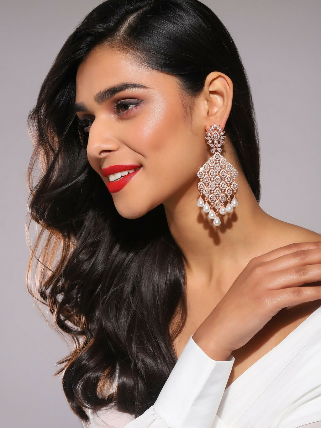 Rose Gold Long Earrings with Pearl Drops- Ruby Raang