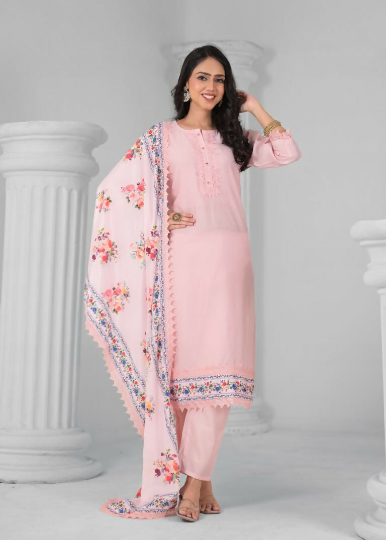 Ethnic Festive Wear Chanderi Viscose Light Peach Stitched Suit With Dupatta - Tanisha
