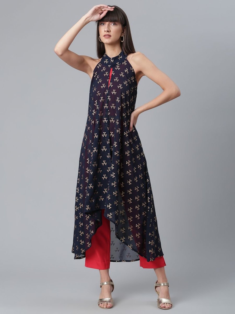 Ahalyaa Women Red Crepe Solid kurta Pant with Printed Jacket