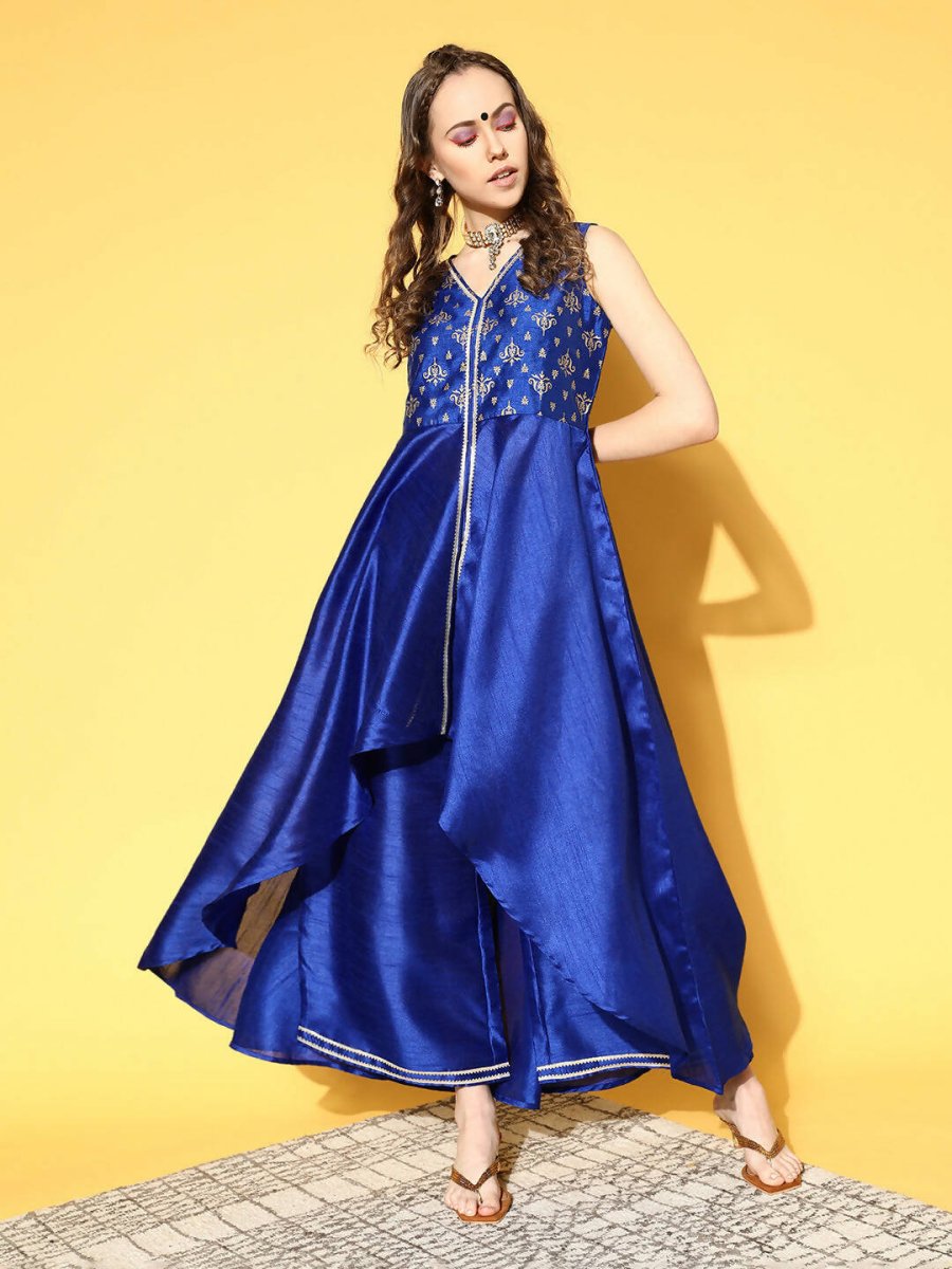 Ahalyaa Women Royal Blue Colour Poly Silk Printed Kurta Palazzo Set