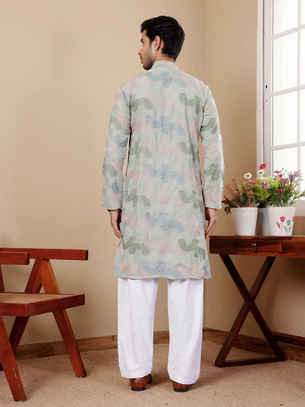 Pistel Green Linen Designer Embroidery Work Men's Rajwadi Kurta Set - Mahotsav