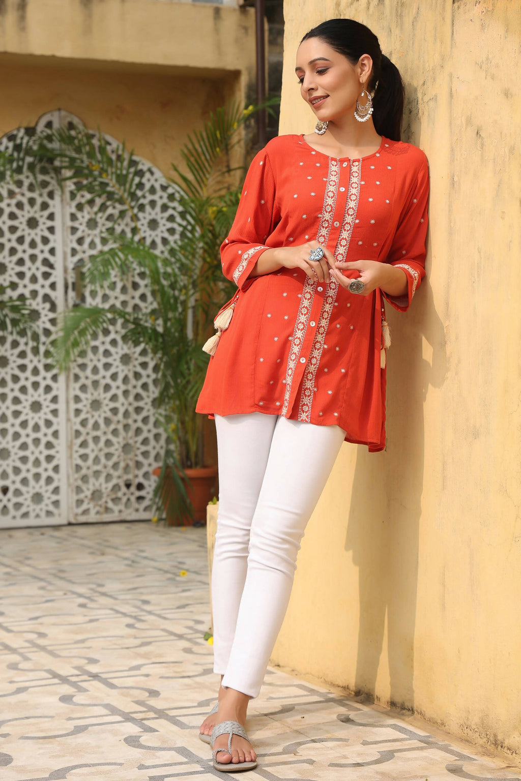 Juniper Women's Orange Rayon Crepe Embroidered Tunic