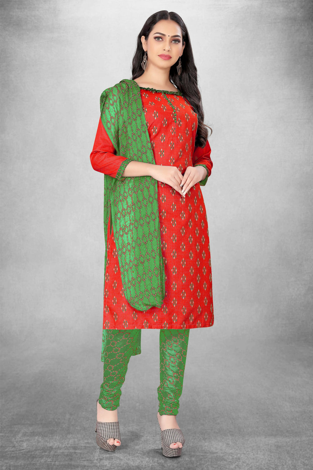 Red Cotton Printed Unstitched Dress Material - Amara