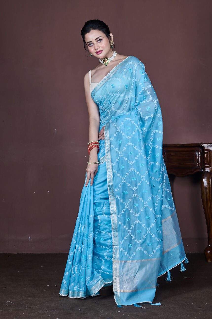 Morchari Sky Blue Cotton Chanderi Embroidery Saree Unstitched Blouse
