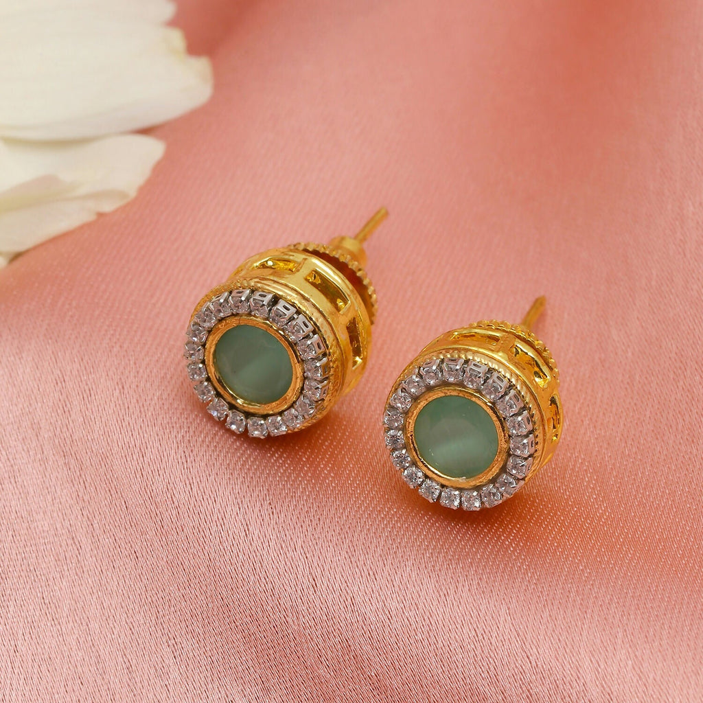 Green Round Daimond and Stone Studs (Green) - Ruby Raang