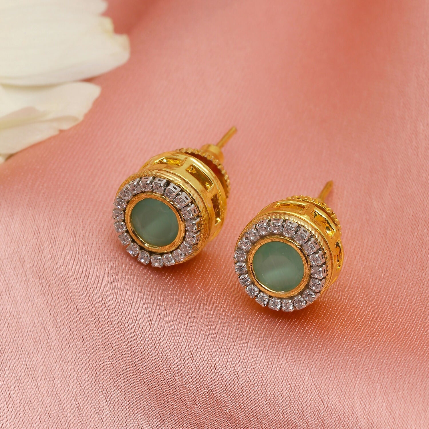 Green Round Daimond and Stone Studs (Green) - Ruby Raang