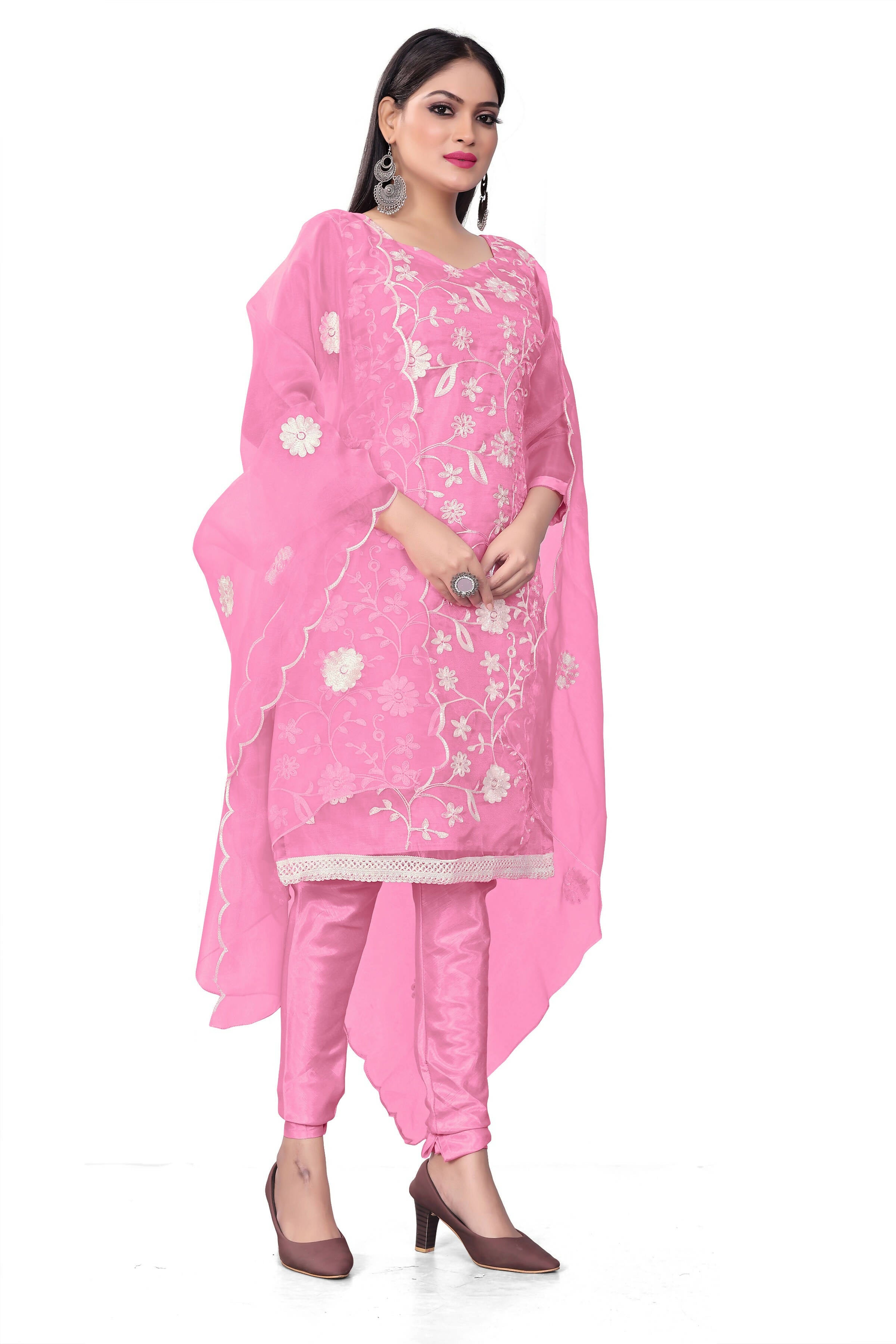 Pink Organza Silk Embroidered Work Unstitched Dress Material - Tanvi