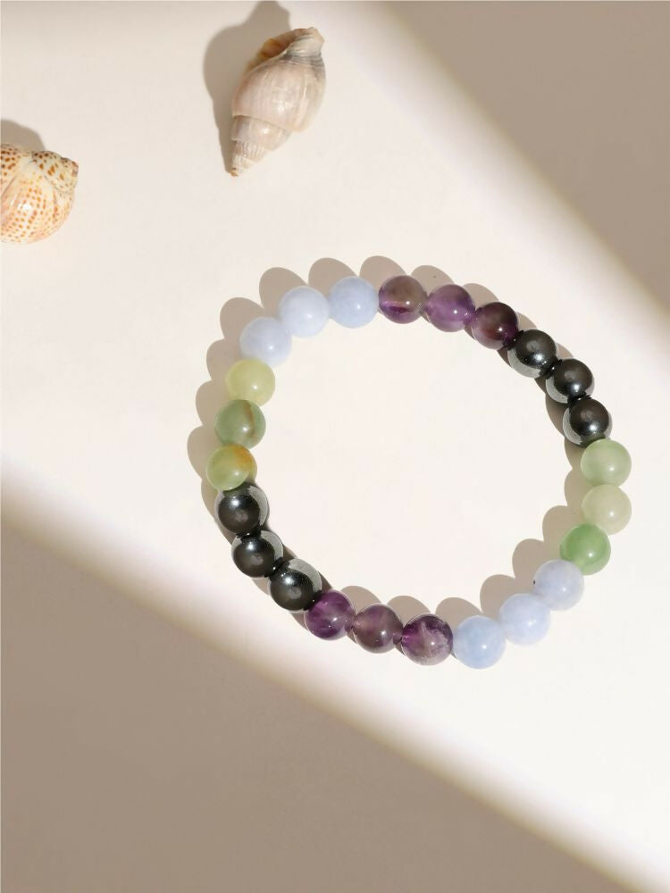 Red Carnelian, Amathyst Multicoloured Brown and Black Round crystal Beads Elastic Bracelet - Ruby Raang