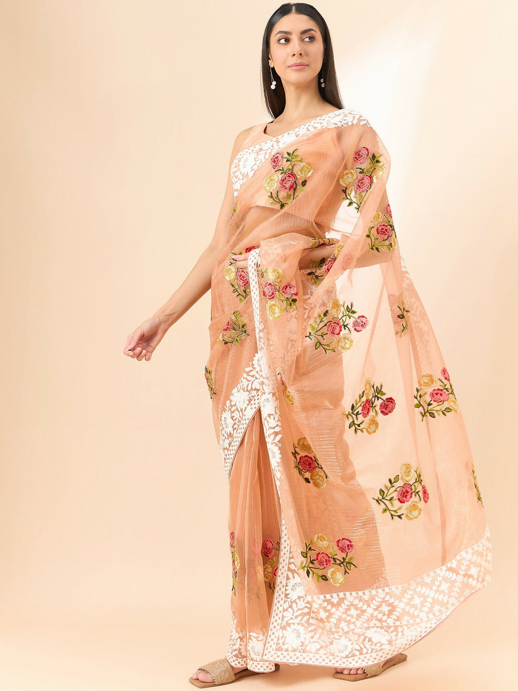 Peach Organza Floral Embroidered Saree with Unstitched Blouse Piece - Roozal