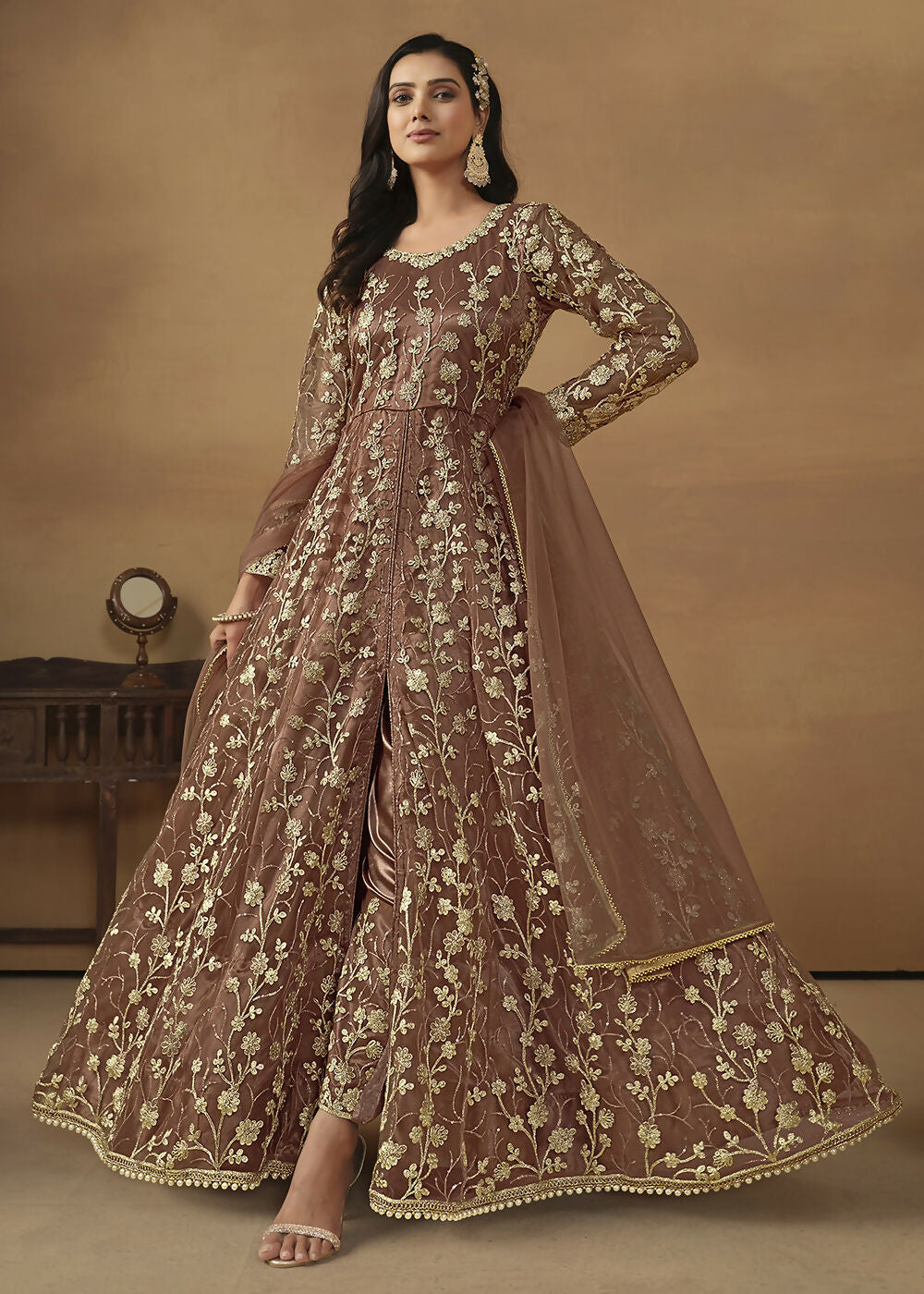 Pant Style Snuff Brown Embroidered Net Wedding Anarkali Suit - Emponline