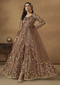Pant Style Snuff Brown Embroidered Net Wedding Anarkali Suit - Emponline