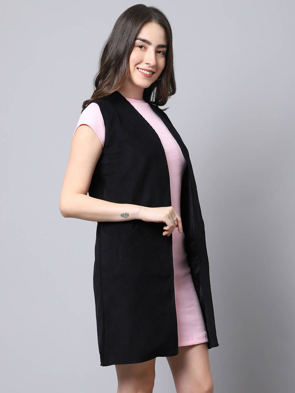 Even Apparels Black Polywool Open Front Corduroy Women's Long Coat