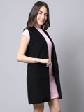 Even Apparels Black Polywool Open Front Corduroy Women's Long Coat