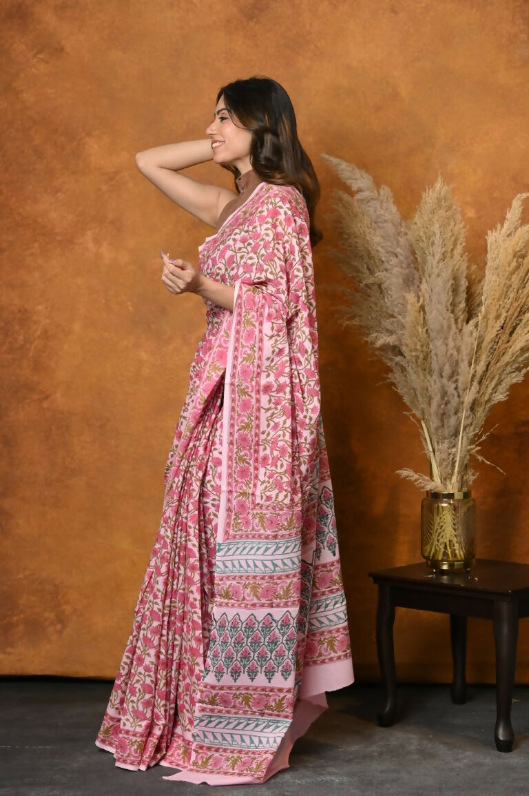 Very Much Indian Pure Cotton Handblock Printed Saree - Light Pink