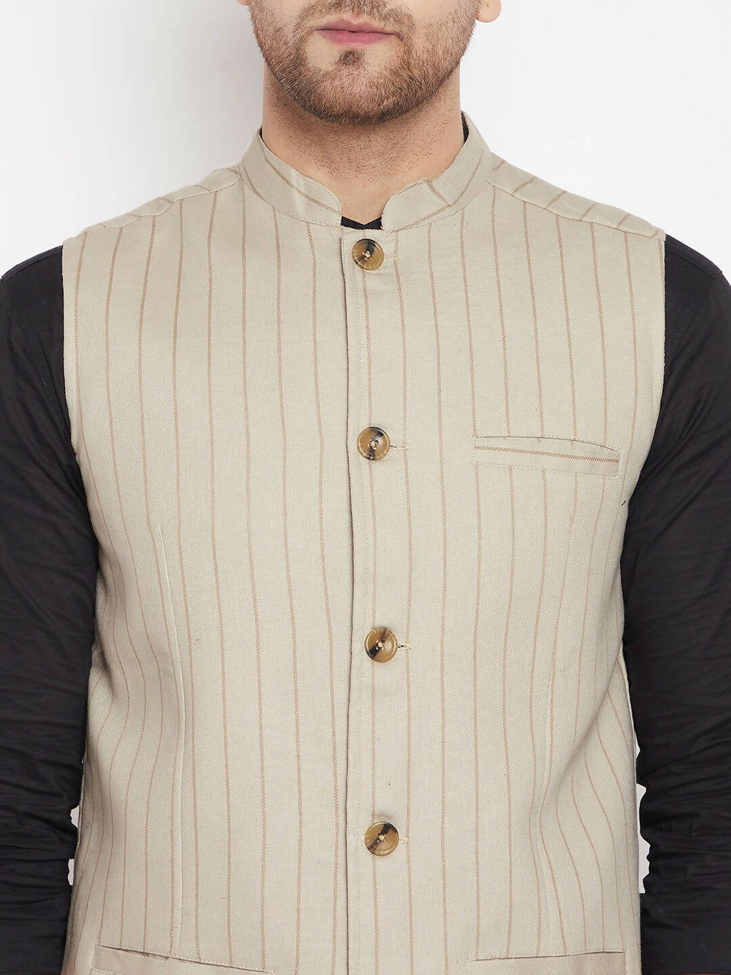Even Apparels Beige Linen Blend Men Woven Nehru Jacket