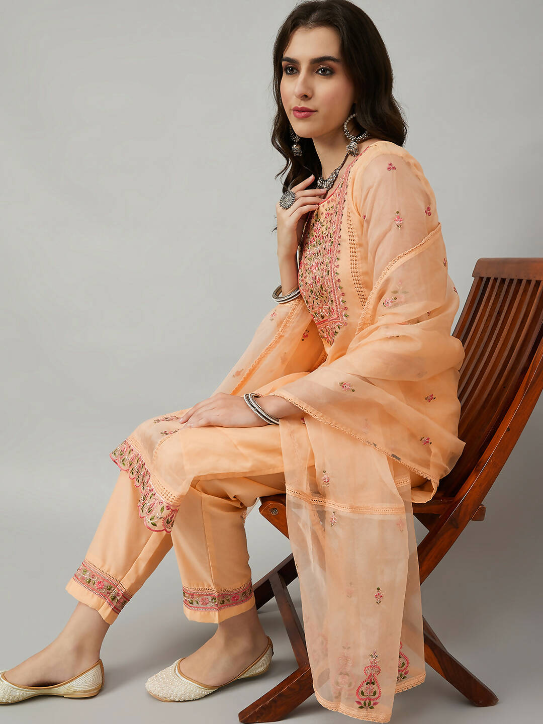 Orange Organza Embroidered Kurta with Bottom & Dupatta - Salimar