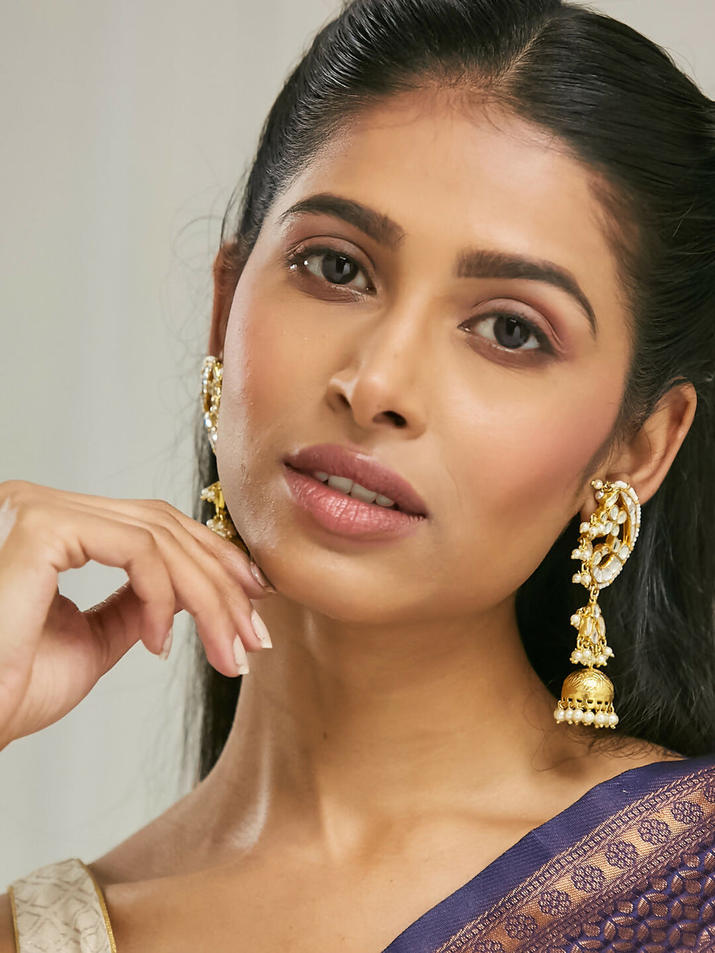 Nuyug 22K Gold-Plated Elegant Kundan Stone Studded & Pearl Drops Mini Jhumki Dangler Earrings