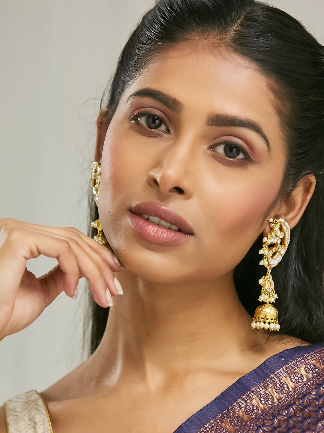 Nuyug 22K Gold-Plated Elegant Kundan Stone Studded & Pearl Drops Mini Jhumki Dangler Earrings