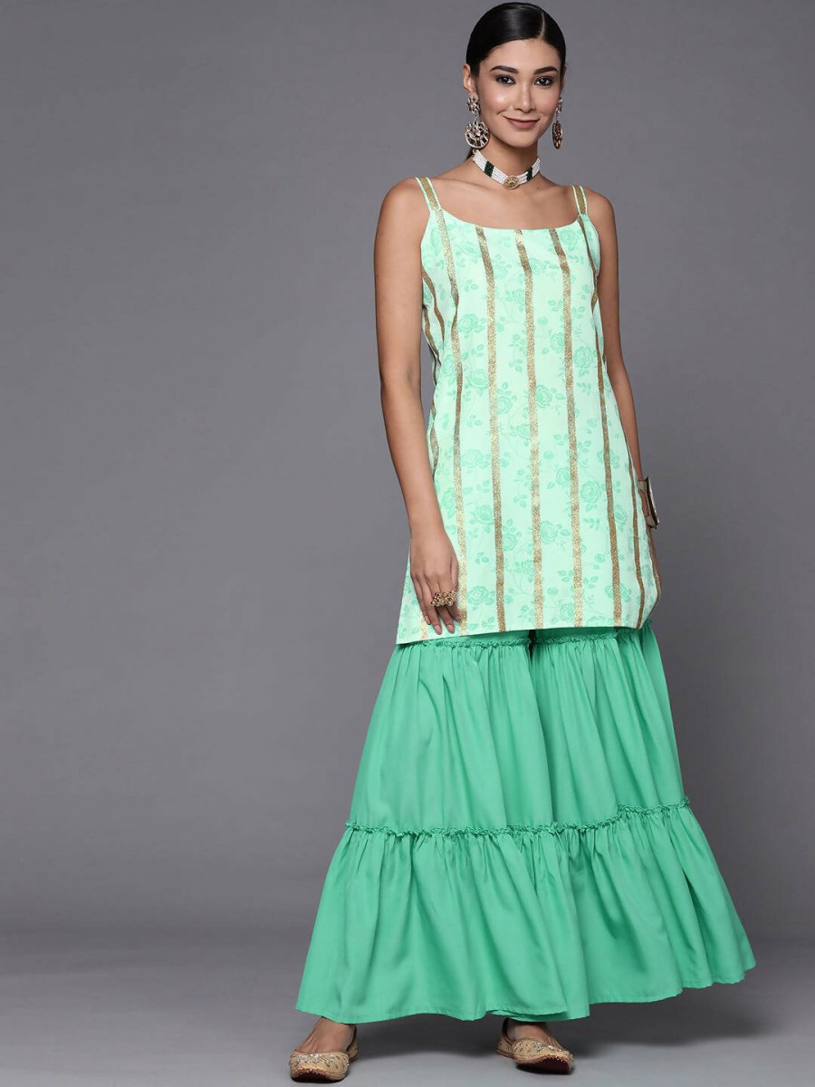 Ahalyaa Blue & Gold Floral Printed & Striped Straight Kurti with Sharara