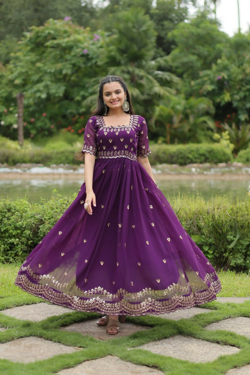 Vastranavya Premium Designer Faux Blooming with Embroidery Zari Sequins work Gown - Purple
