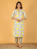 Aramya Yellow Soft Cotton Floral Print Straight Kurta Pant Set for Women