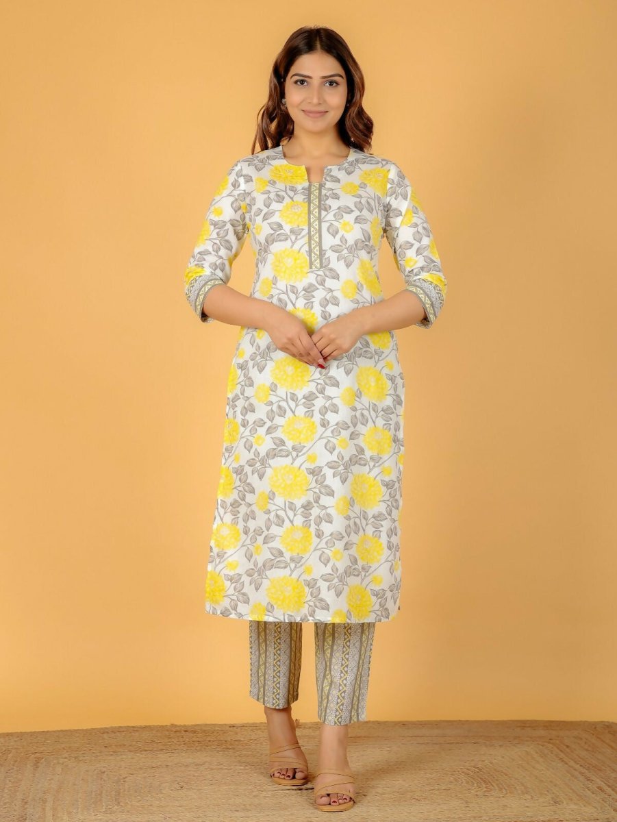 Aramya Yellow Soft Cotton Floral Print Straight Kurta Pant Set for Women