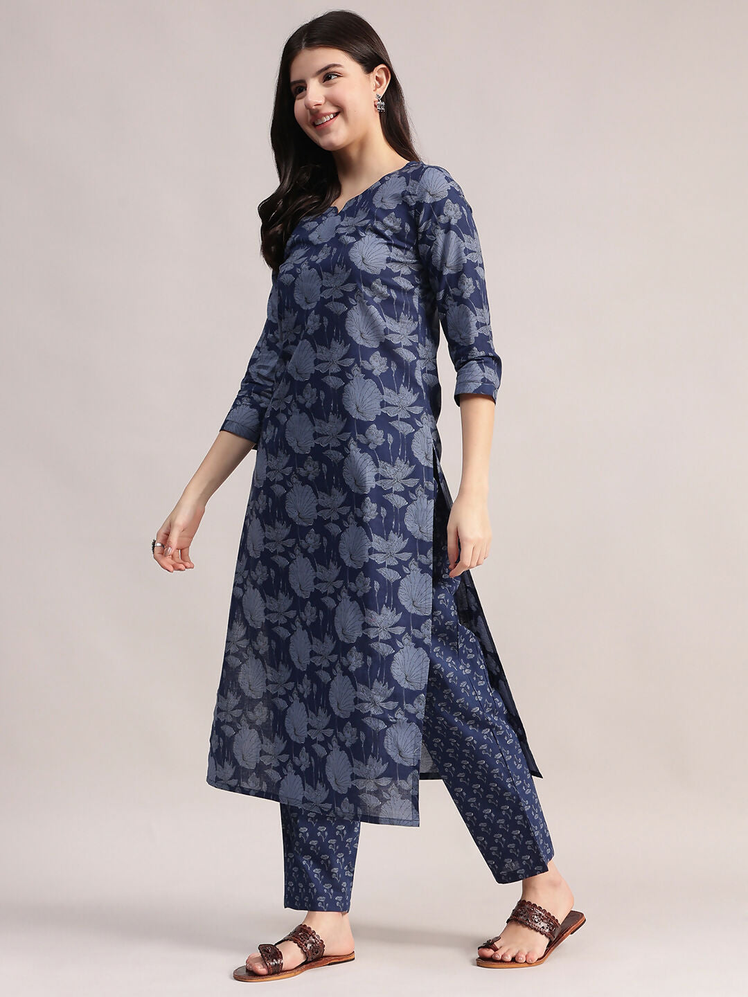 Aavyora Women's Floral Printed Indigo Blue Cotton Straight Kurta With Trouser & Dupatta