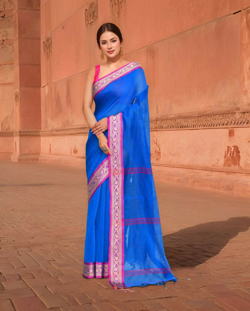 Joban Fashion Women Blue & Pink Trendy Cotton Saree