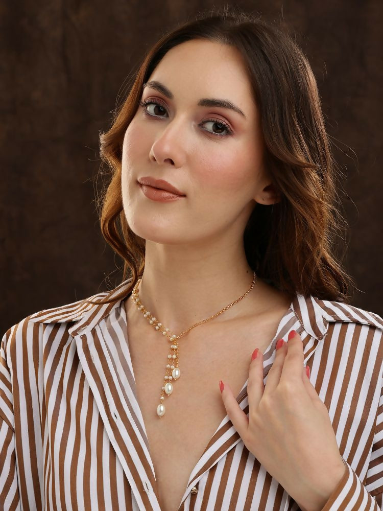 Beaded Pearl Drop One-Sided Layered Necklace - Ruby Raang