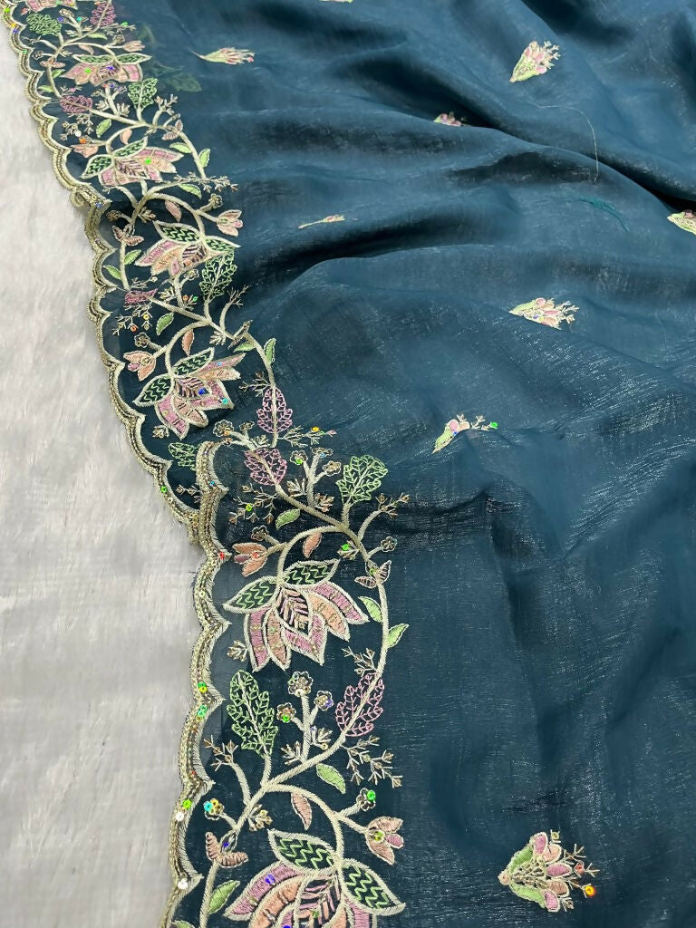 Vastranavya Gold Crunchy Multi Colour Threads Embroidery Work with Sequins Work Saree with Blouse material - Teal