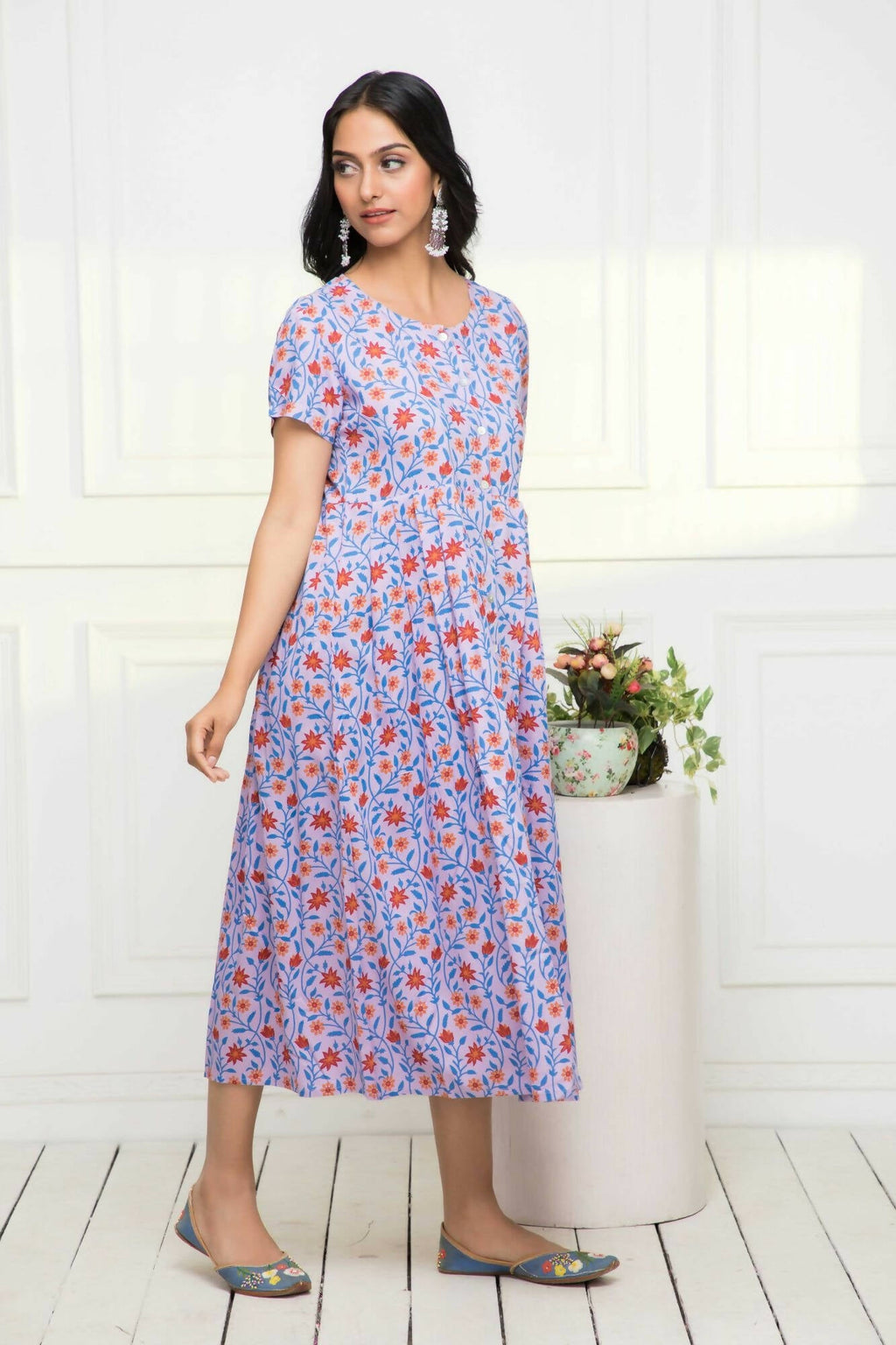 Myshka Women Purple Floral Rayon A-Line Round Neck Dress