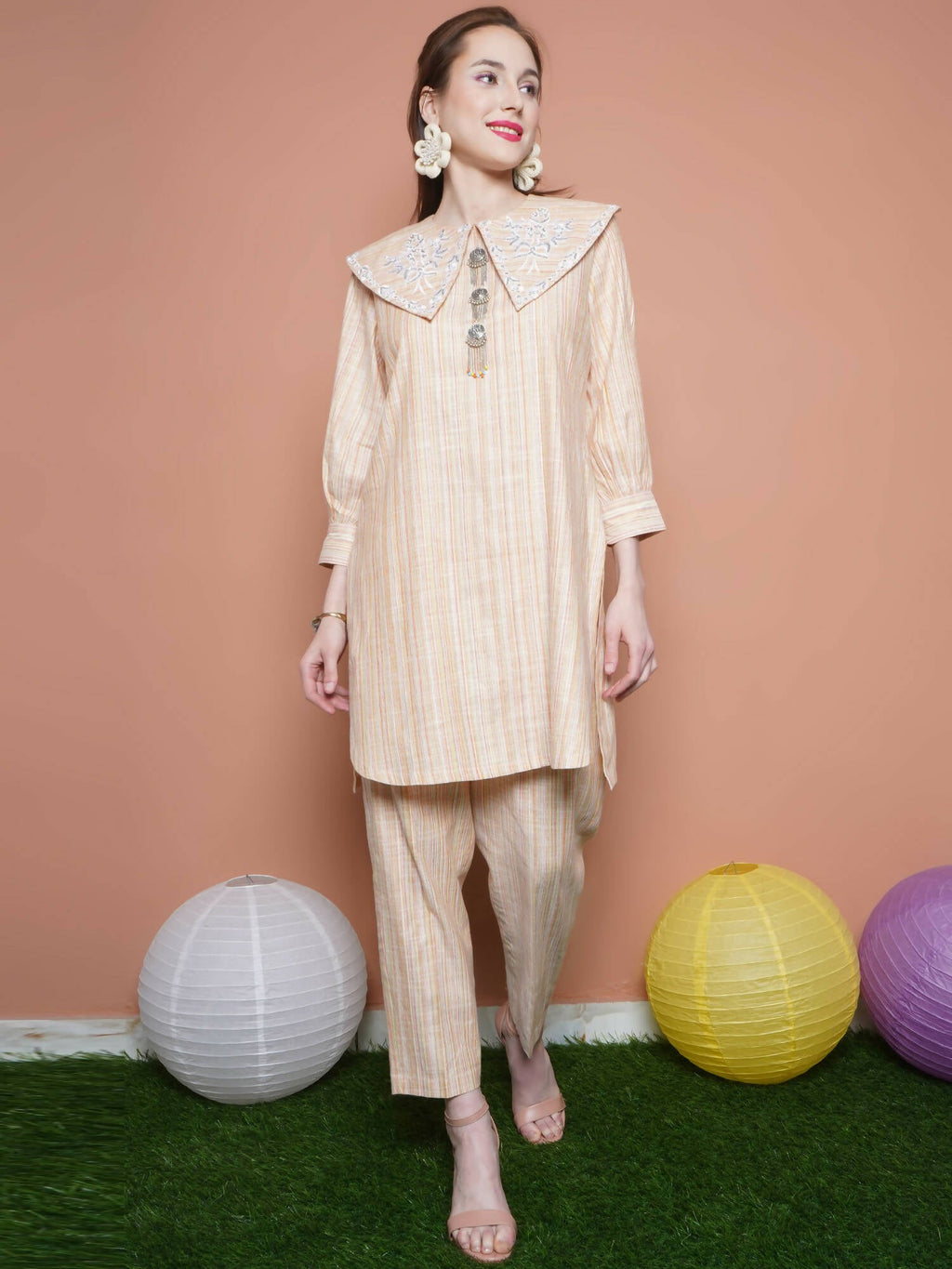Women Republic Beige Striped Kurta Set