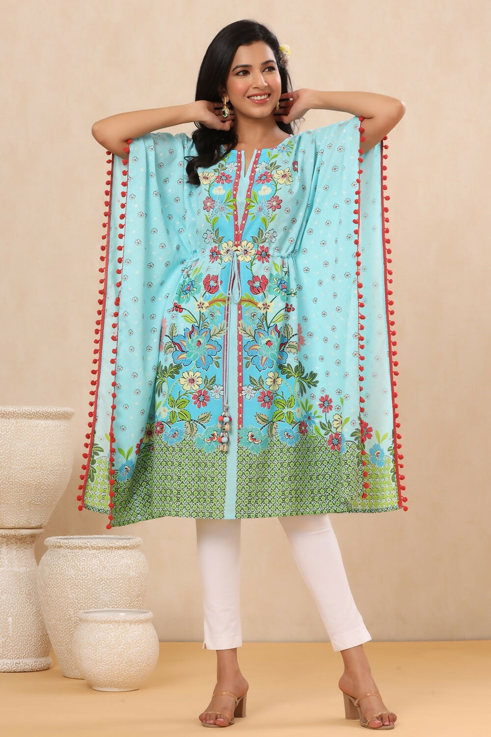 Juniper Sky Blue Floral Printed Calf-Length Rayon Kaftan.