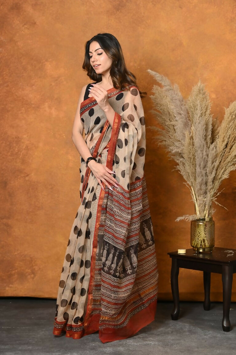 Very Much Indian Handblock Printed Cotton Saree With Natural Dyes - White
