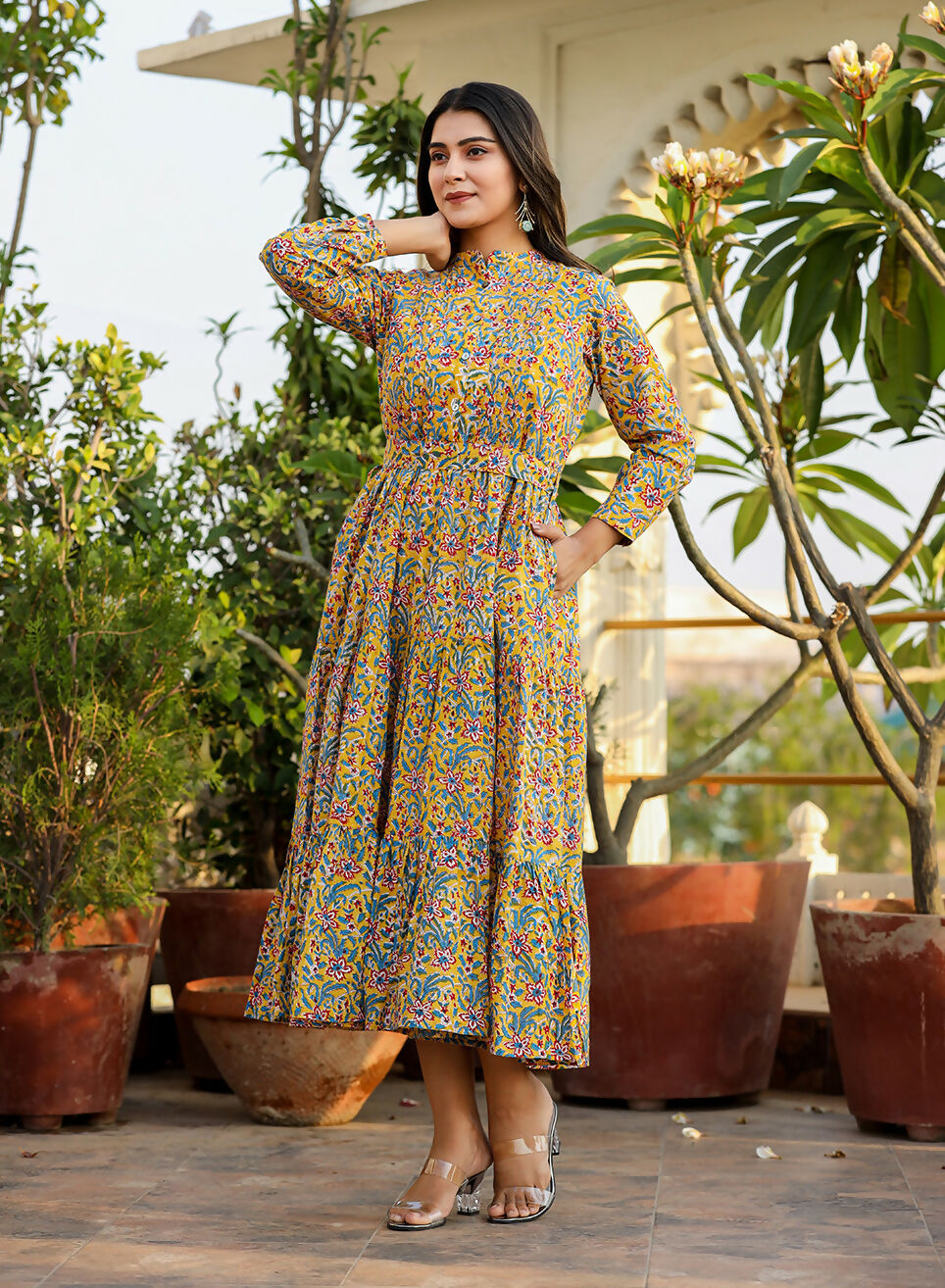Kaajh Women's Yellow Floral Handblock Print Cotton Dress