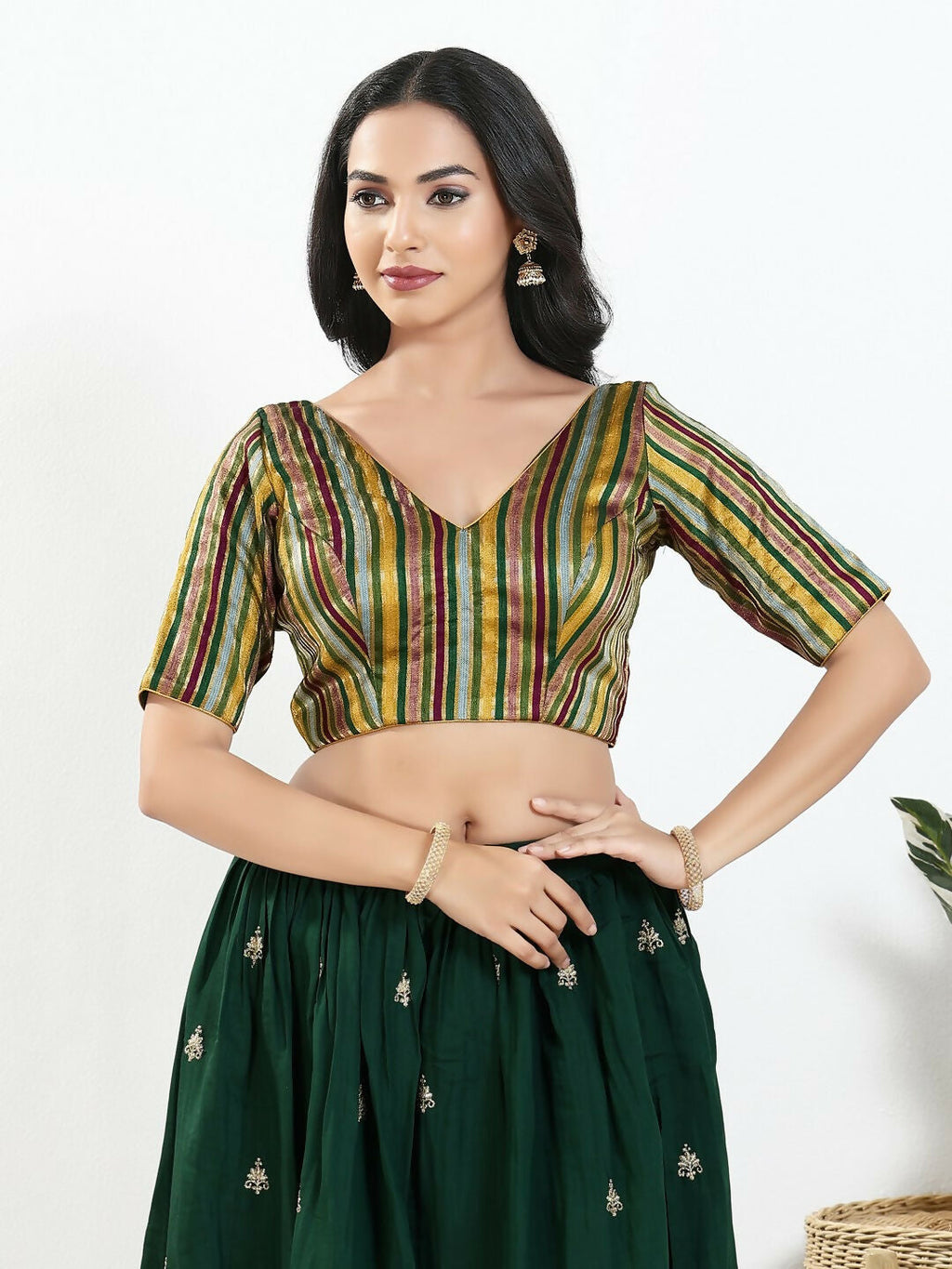 Joban Fashion Green Multi Brocade Padded Blouse With V Neck Elbow Sleeves